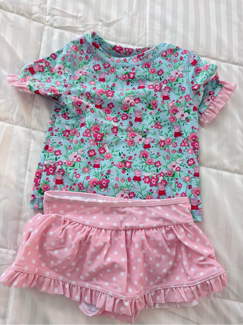Ruffle Butts Peppa Pig Pink & Aqua Rash Guard Set - Sz 2T